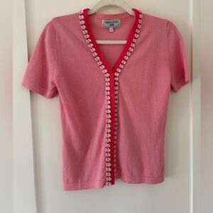 Enrico Coveri Pink Knit Cardigan Floral Trim Italy Size 38 cottagecore Y2K girly